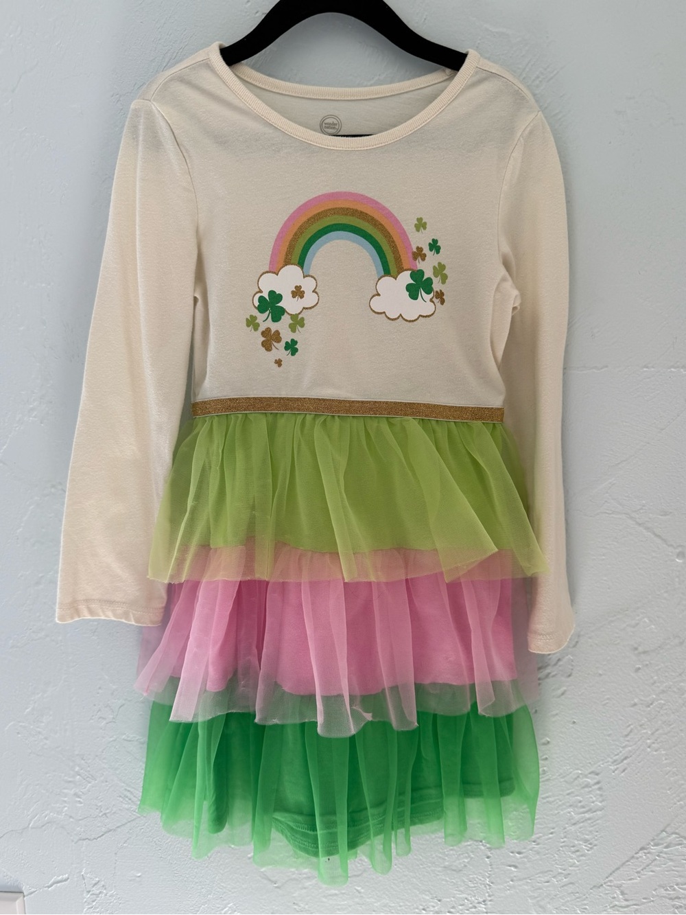 wonder nation Cream Rainbow Shamrock Tulle Dress with Pink & Green Skirts